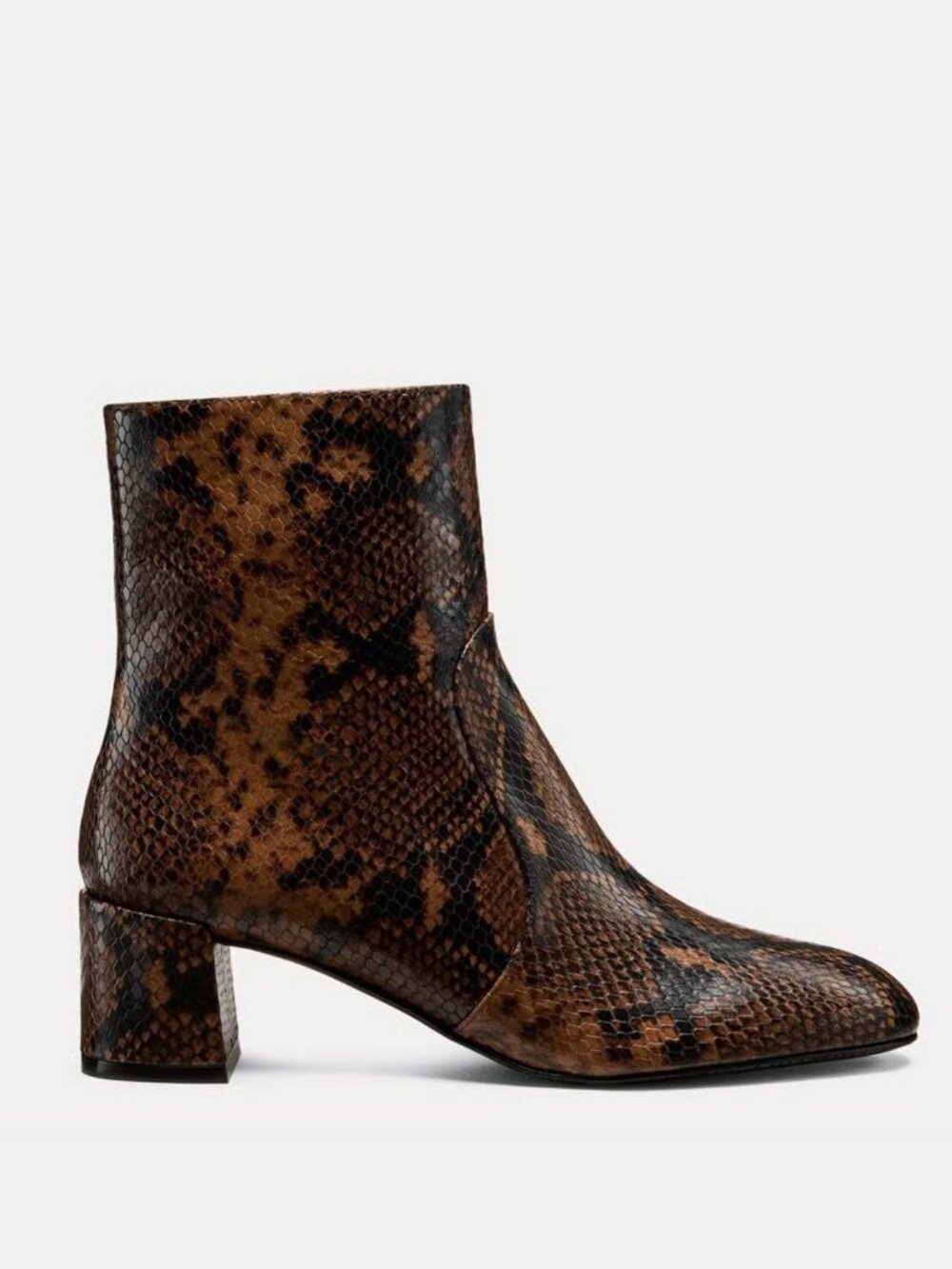 NIB Stuart Weitzman Maeve Zip Block Heel Bootie in Espresso Snakeskin
